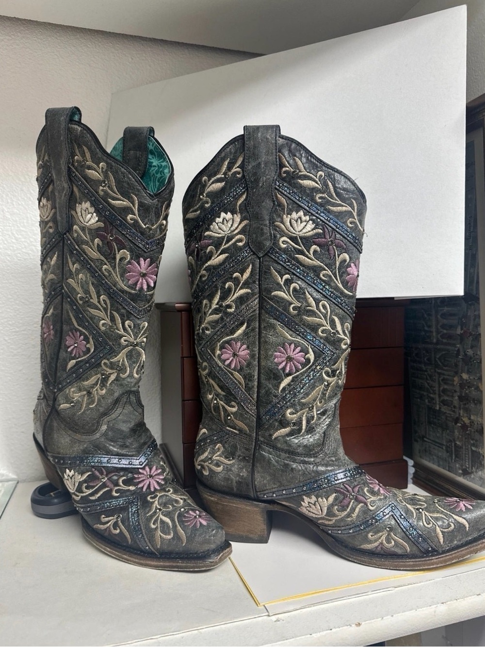 Corral Black Embroidered Floral Western Heeled Boots with Pink Accents